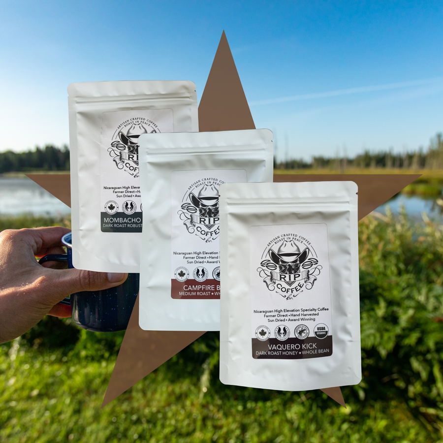 RIP Coffee Sample Pack Trio - 3x2.5oz Ground or Whole Bean | Bold Blends: Campfire, Vaquero, Mombacho | Get One Free