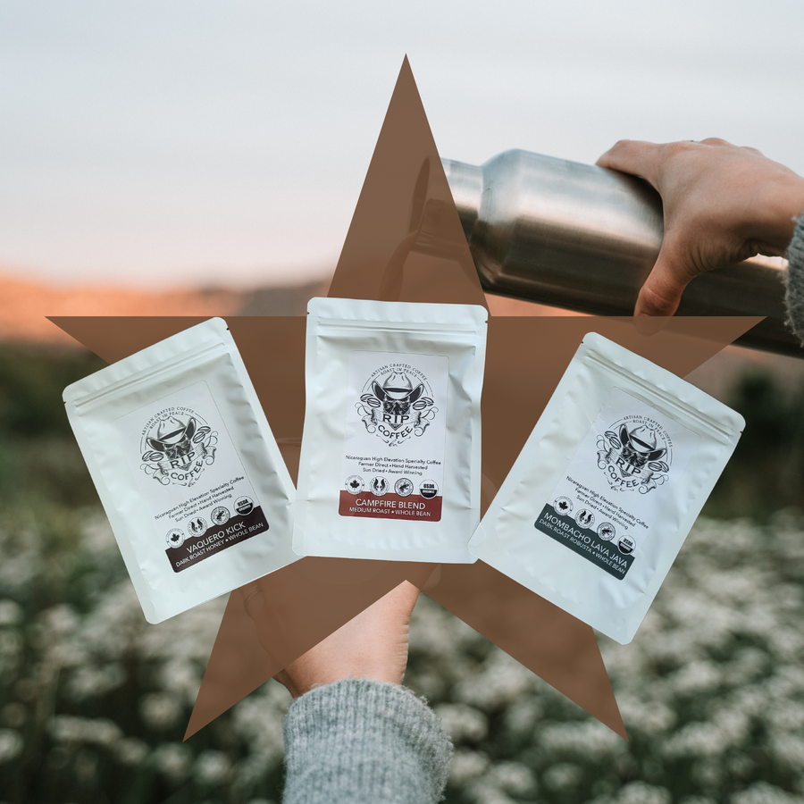 RIP Coffee Sample Pack Trio - 3x2.5oz Ground or Whole Bean | Bold Blends: Campfire, Vaquero, Mombacho | Get One Free